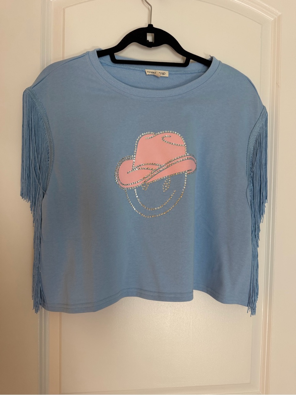 Main Strip Light Blue Cropped Tee with Pink Cowgirl Graphic and Side Fringe